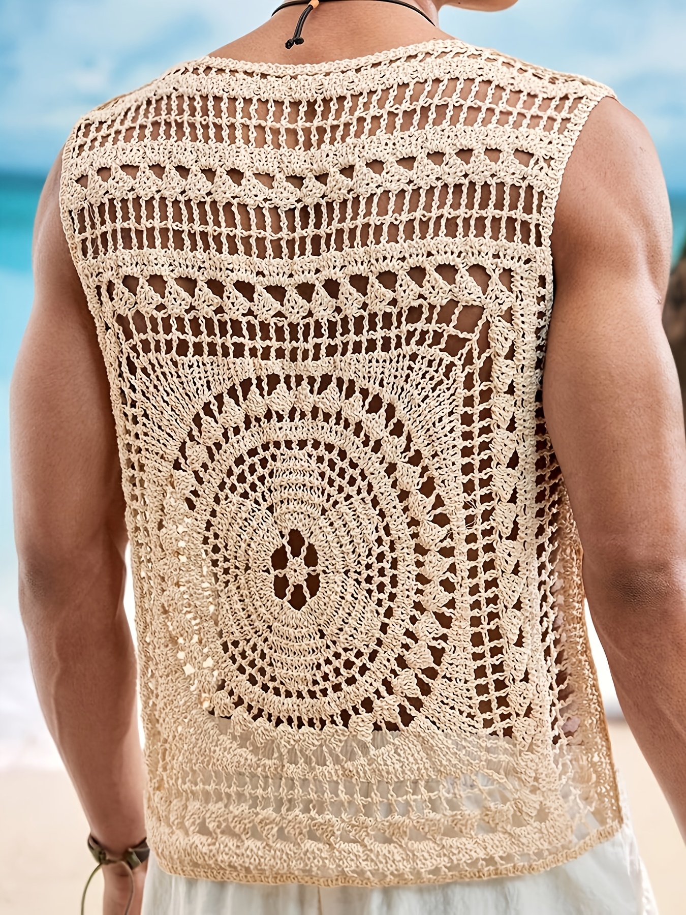 Men's Casual Solid Color Crew Neck Hollow-Out Knitted Vest, Men's Crochet Top, Men's Summer Top, Men's Beach Top, Men's Tank Top, Holiday Sleeveless Men's Crochet Top, Men's Crochet Tank Top, Men's Holiday Top, Men's Mesh Top, Men's Sleeveless Top