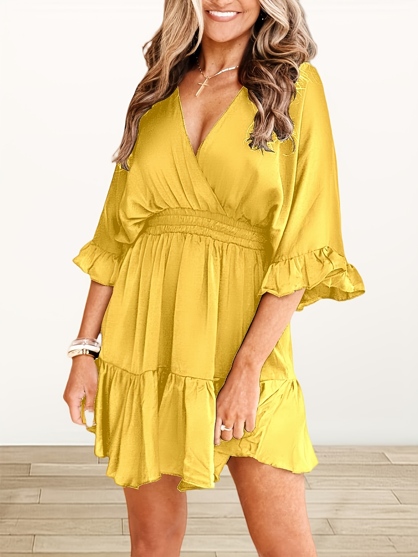 solid color v neck mini dress casual elastic waist half - Temu