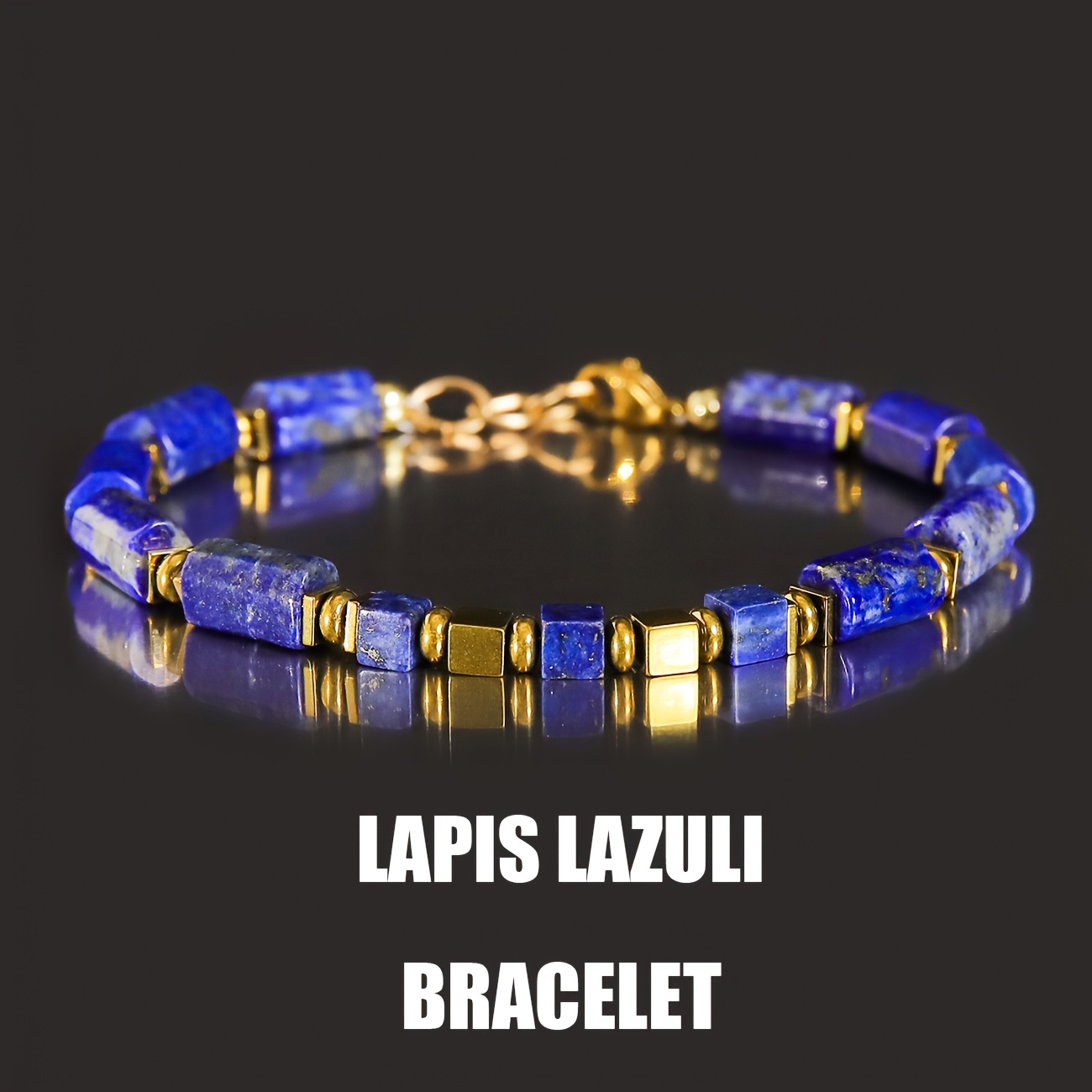 Men's Lapis Lazuli Hexagonal Cylindrical Bracelet with Golden Squares