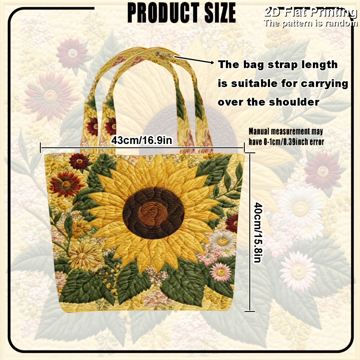 TEMU 1pc 2d Flat Sunflower Garden Floral Pattern Spring Quilted Bag Tote Bag Large Capacity Stylish Appearance Daily Commute Grocery Shopping