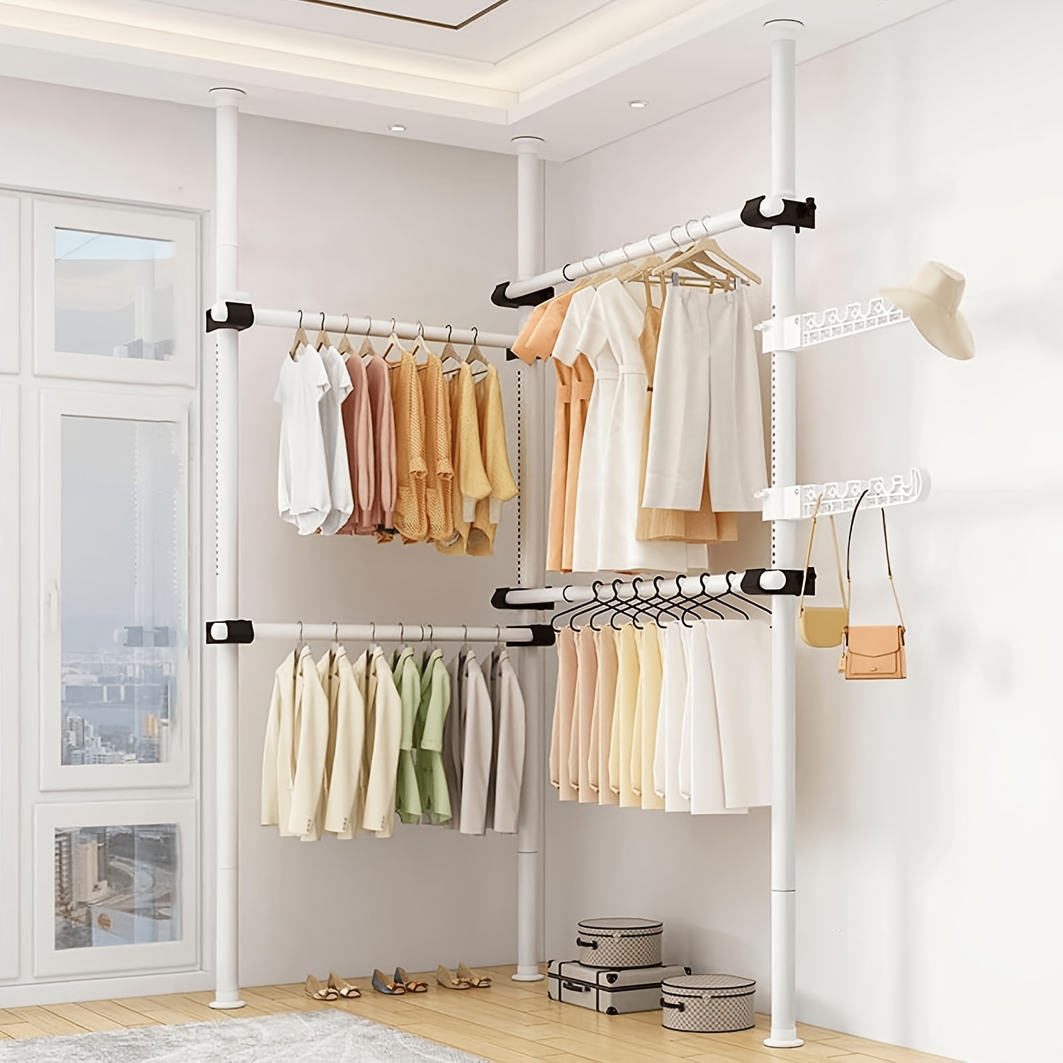 Image of Telescopic Wardrobe, Floor-to-ceiling Clothes Rack, With 4 Rods & Grab Arm, 3-level Height Adjustable, 2 Removable Shelves, Space- Closet Replacement For Renters, For Mother's Day, Standing Shelf