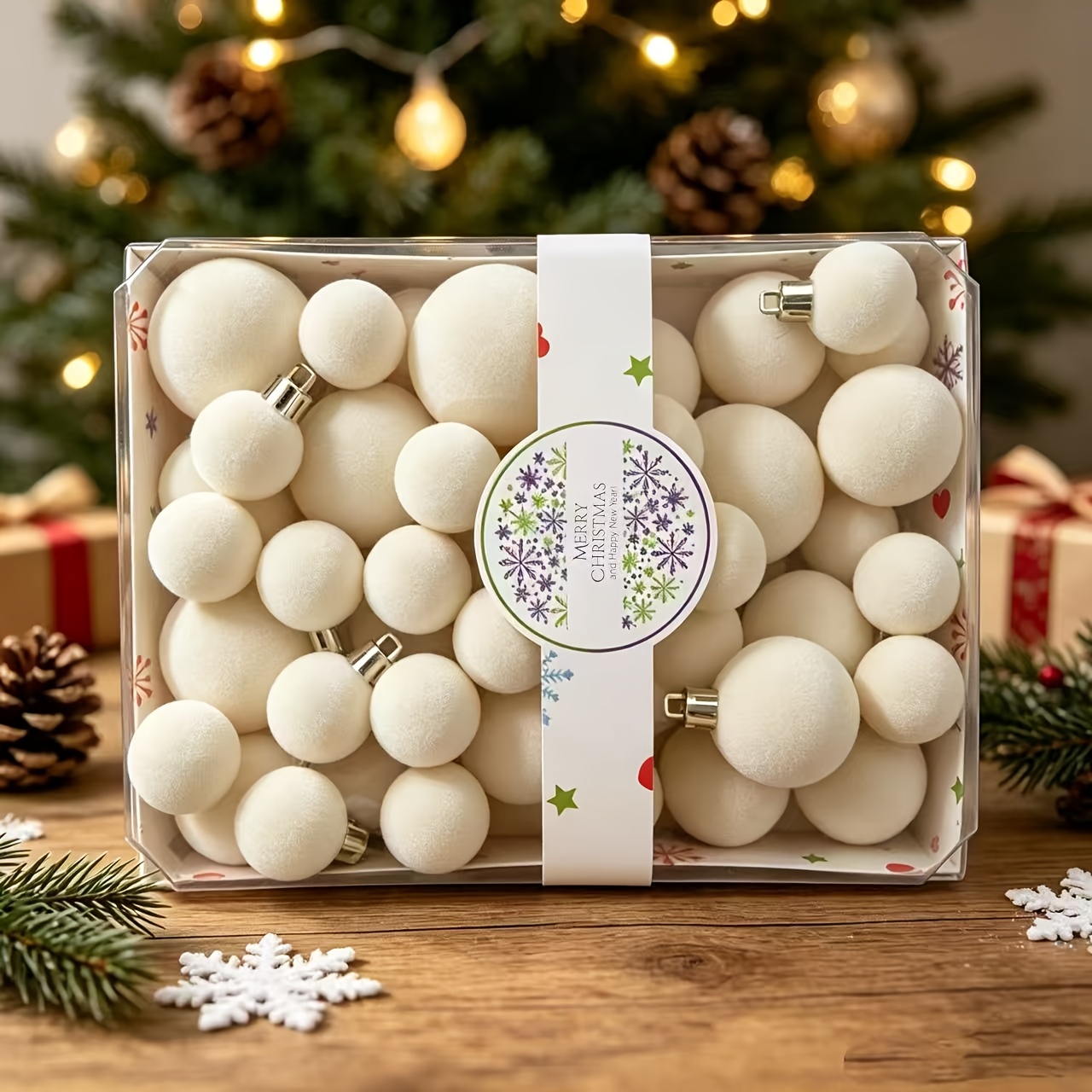 TEMU Boîte cadeau de 42 boules de Noël bordeaux floquées, décorations à suspendre pour sapin de Noël, fête , maison, sapin de Noël, mariage, Nouvel