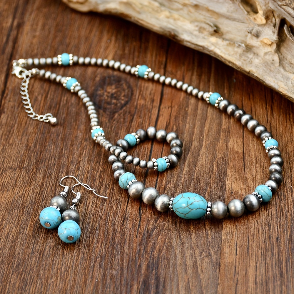 TEMU Retro Ethnic Style Turquoise Necklace Earrings Set Female Ancient Silver Color Beaded Jewelry Set