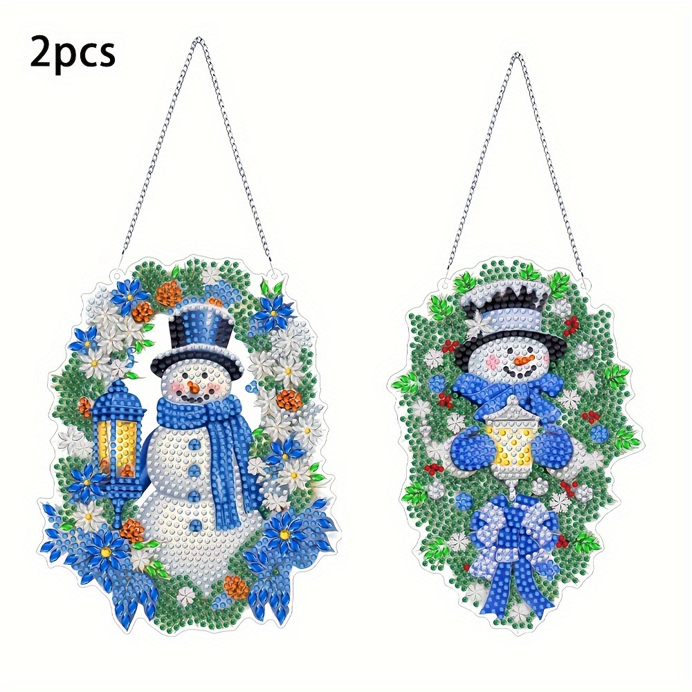 

2pcs Snowman Diamond Painting Kit - Diy Acrylic Wall & Window Decor With Scarf And Christmas Wreath Design, Easy-to- Craft Set For Home Decoration