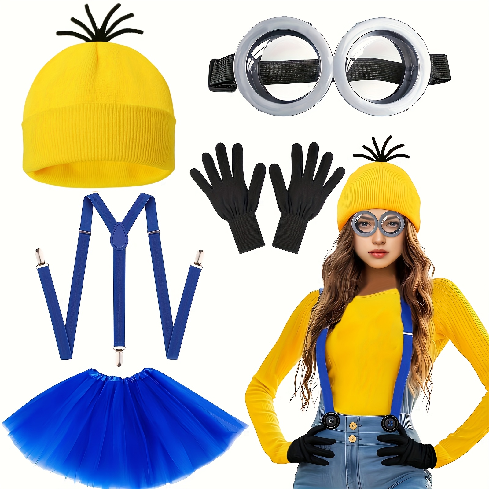 

Halloween 5pcs Costume Set For Adults - Vibrant Yellow Knit Hat, Adjustable Strap, Gloves, Steampunk Goggles & Blue Skirt - Fancy Dress & Cosplay Parties