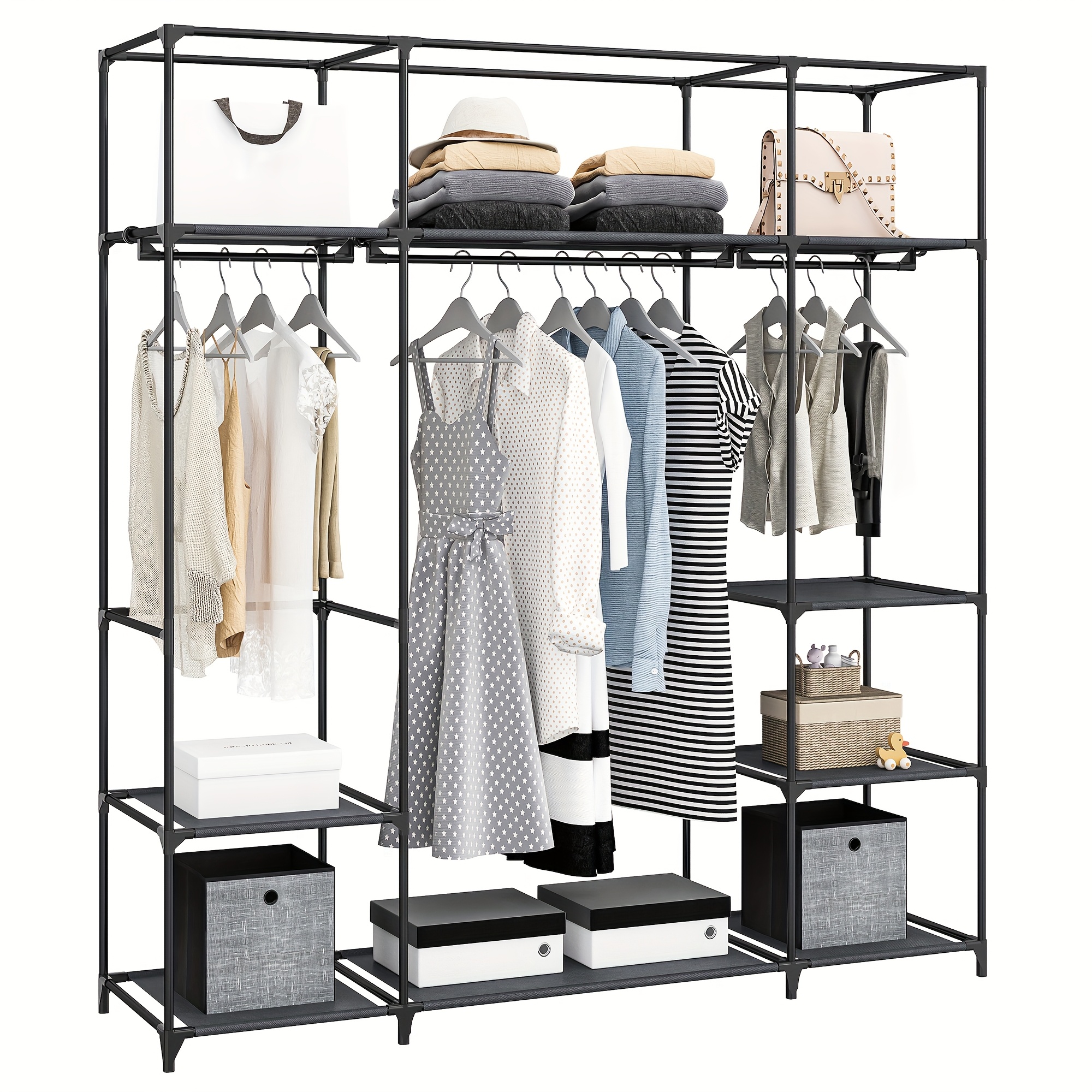 Image of Closet Wardrobe, 64-inch Portable Closet For Bedroom, 3 Clothes Rail With 9 Compartments Shelves, Freestanding Clothes Storage Organizer For , Black, Hzuaneri