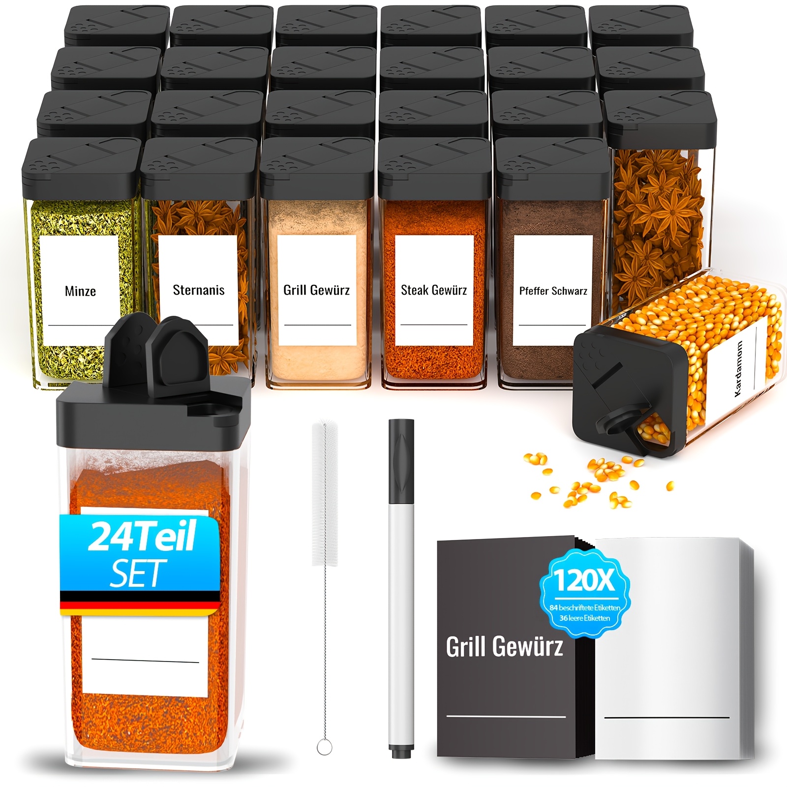 E-shop 24 Stück Weitmundige Quadratische Gewürzgläser mit Perforiertem Pulverdispenser & -Deckeln – Plastik-Gewürzflaschen, Ideal zur