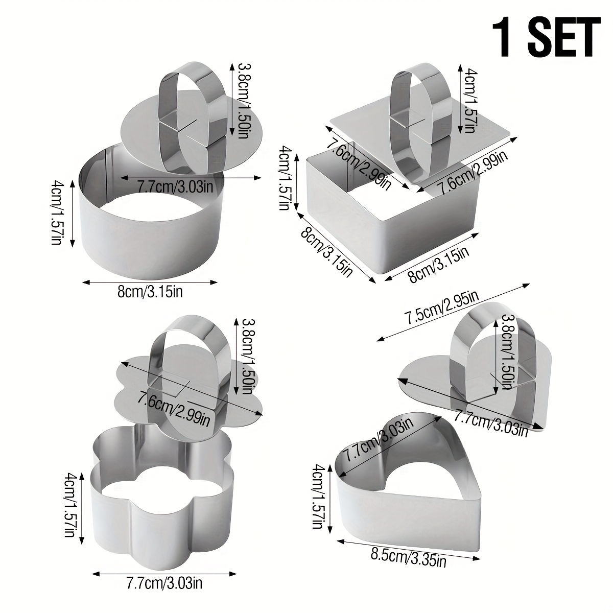E-shop 1 Set/4 Stück Kuchenring Set + 4 Push Cover Sets, Edelstahl Mousse Ring Kuchenform mit Push Plate, Rund, Herzförmig, Blumenförmig, Quadratischer