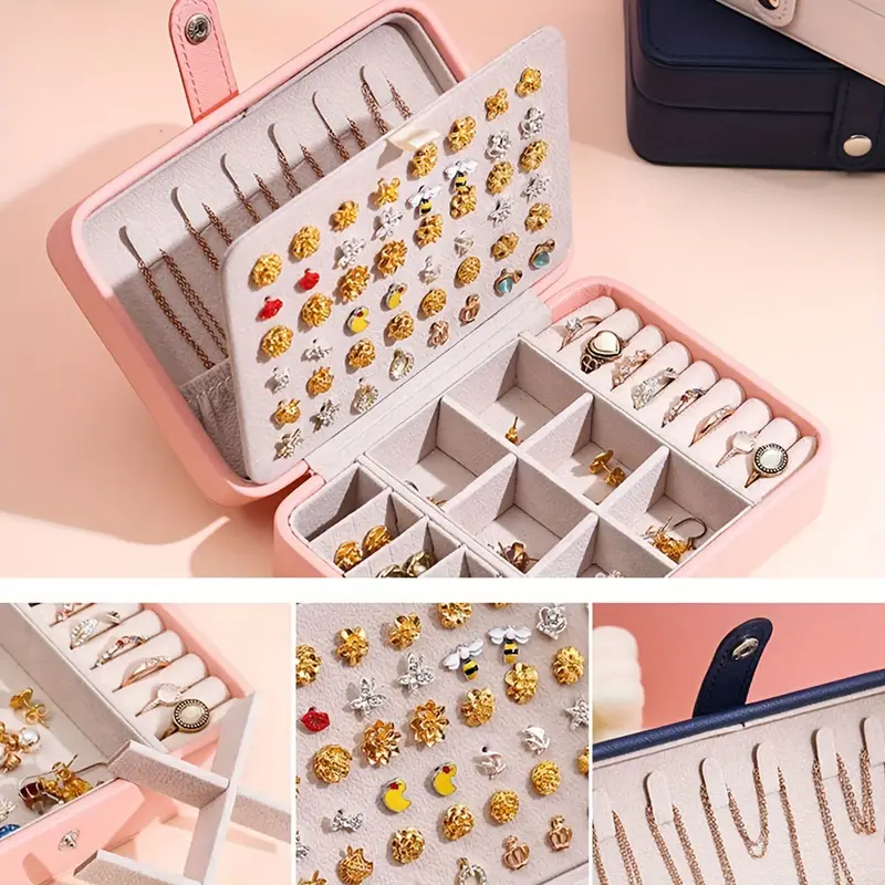 классическая шкатулка для украшений из искусственной кожи с лотками для серег и держателями для колец, детали для ожерелий и браслетов 6