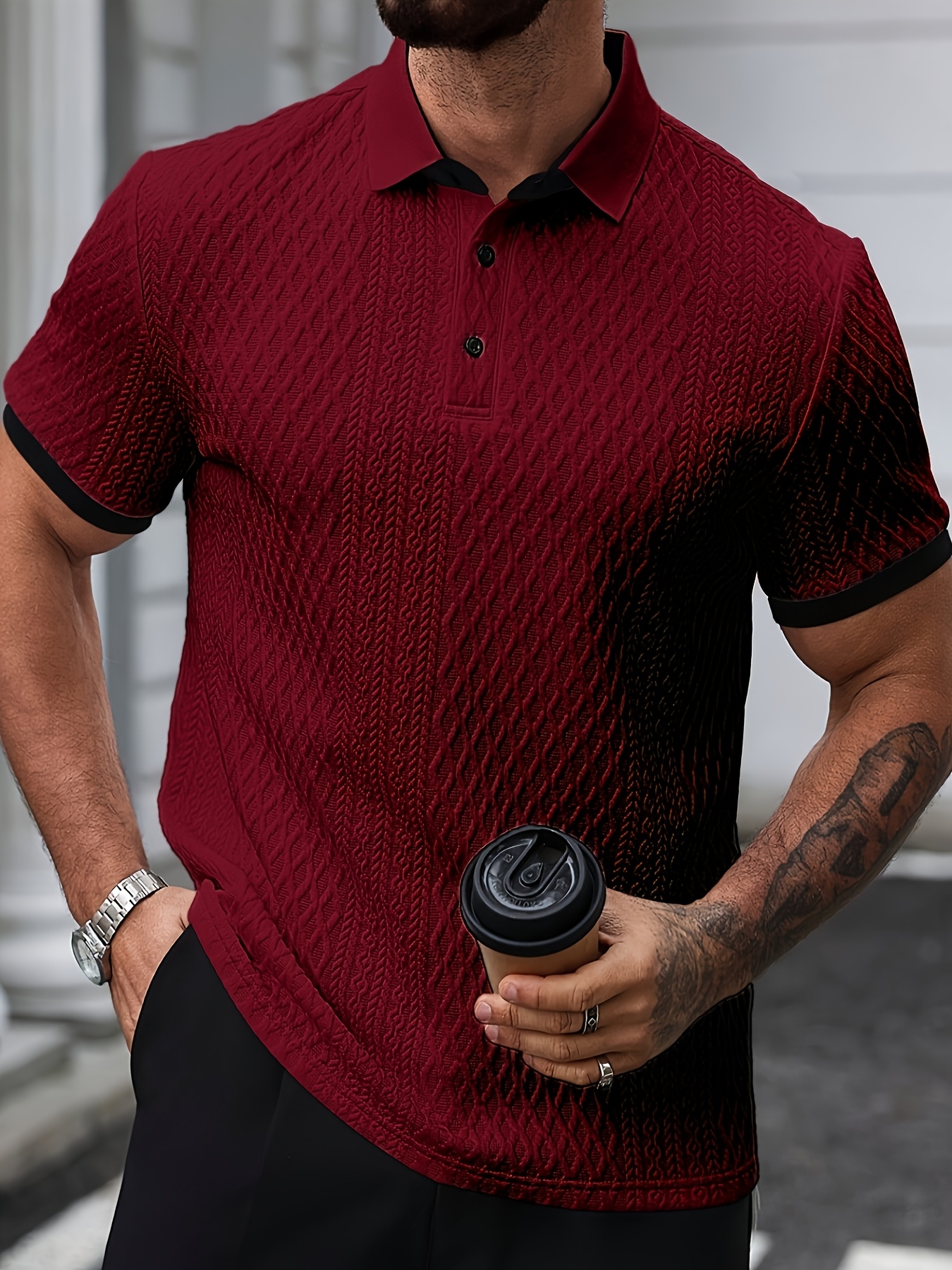 Men'S New Color-Blocked Polo Shirt with a Collar, Featuring a Jacquard Design And Soft Fabric, Suitable for Outdoor Leisure And Business, Breathable for Golf, Perfect for Vacations And Business Occasions, a Must-Have for Everyday Casual Wear