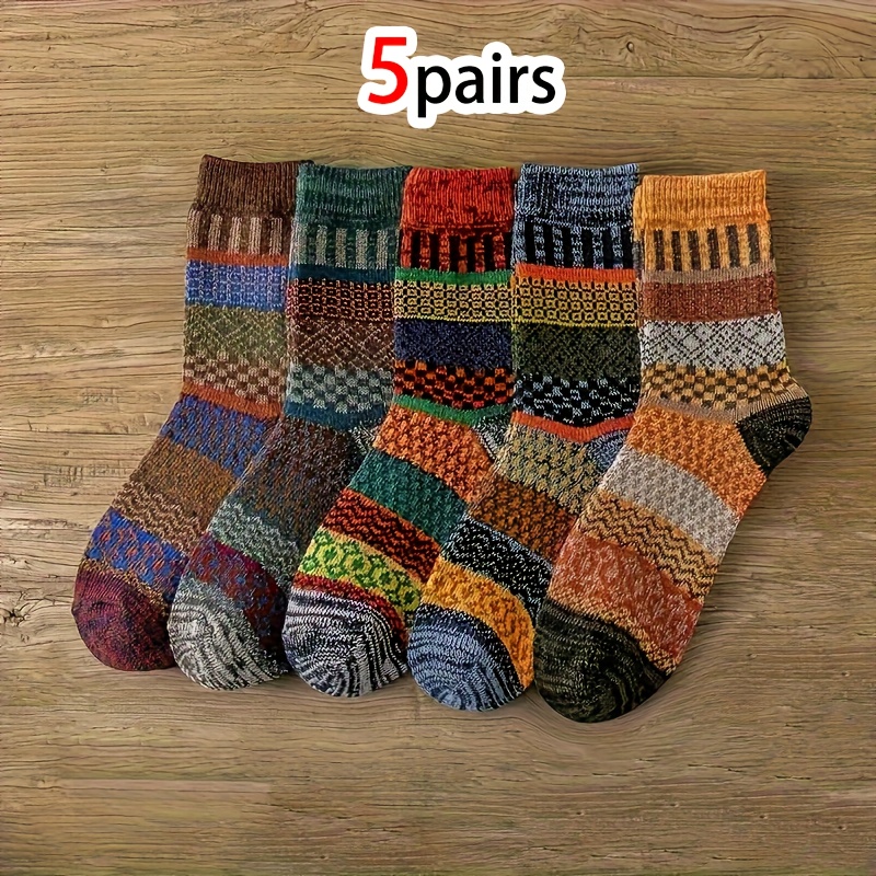 TEMU Pair Of 5/10 Unisex Autumn/winter Ethnic Style Warm Comfortable Soft Vintage Pattern House Floor Socks, Mid-calf Winter Socks Gift For
