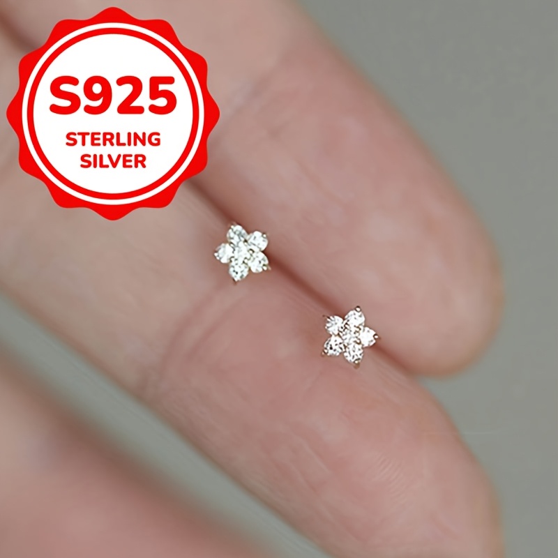 

Elegant 925 Sterling Silvery Star & Flower Stud Earrings With Synthetic Zirconia - Perfect Engagement Gift For Her, April Birthstone