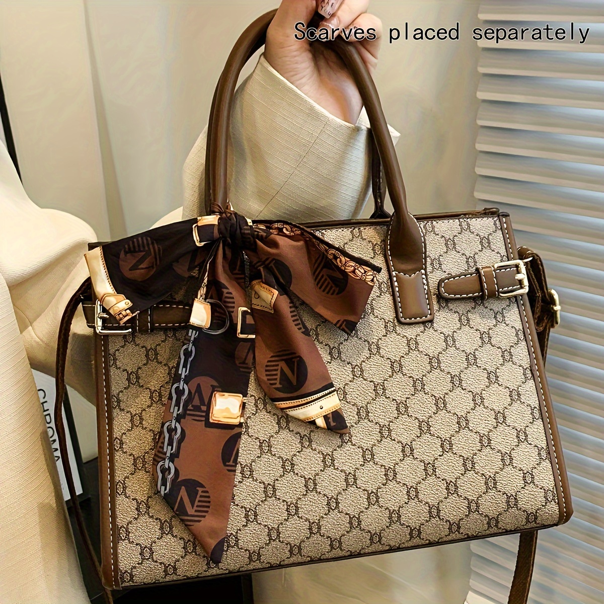 Fashionable Large-capacity Patterned Tote Bag With Scarf, Pattern Random
