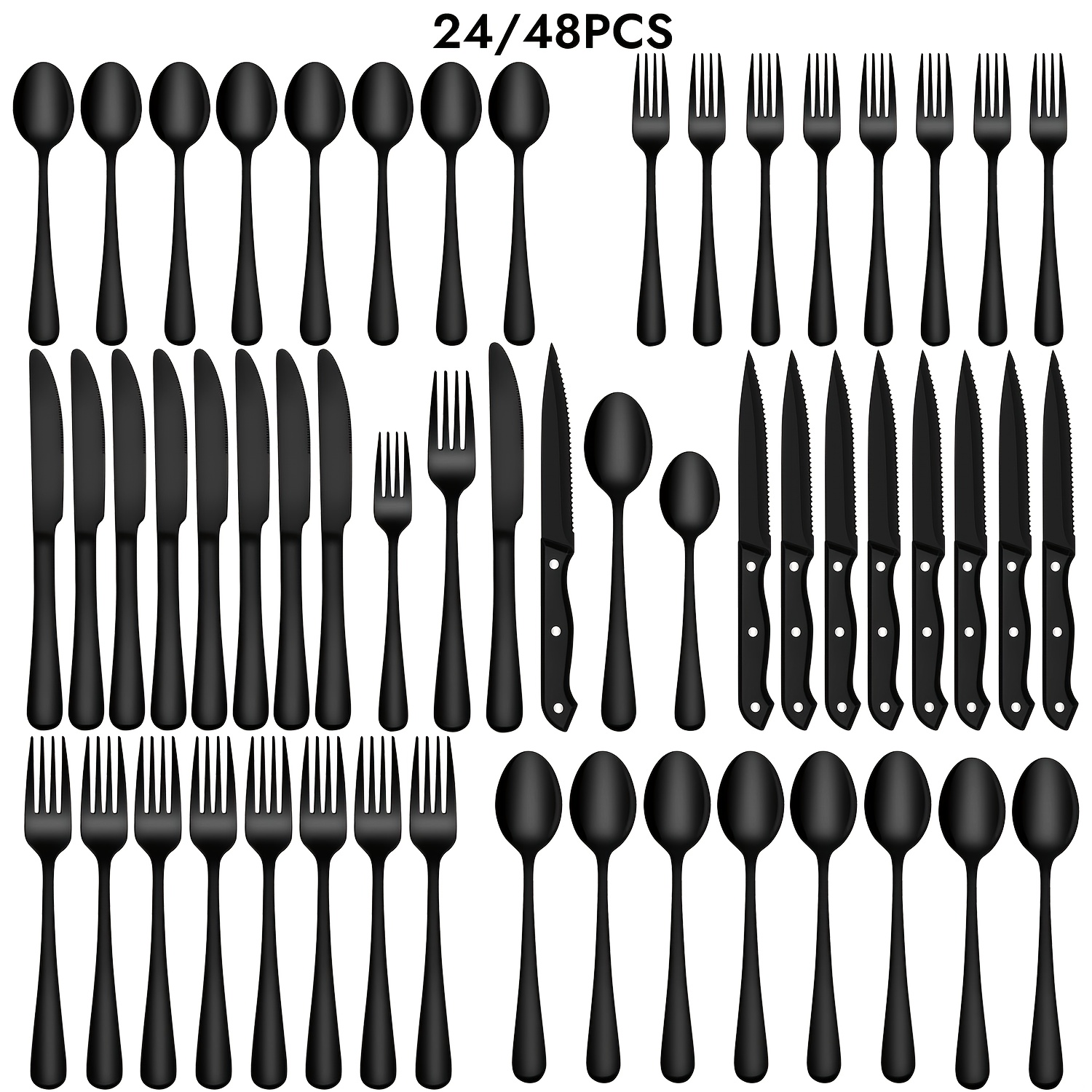 24 48pcs black silverware set with steak knives service for 4 8 christmas stainless steel flatware set mirror polished kitchen accessories home kitchen party eating tableware set   fork knife spoon set dishwasher safe  