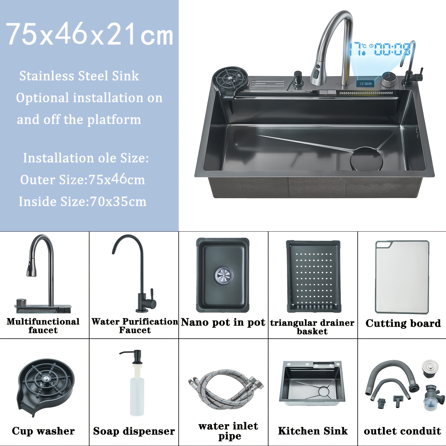 Kitchen Sink, Single-bowl Kitchen Sink, Kitchen Faucet With Pull-down Spray, Nano-stainless Steel Sink, Gray/brushed Golden (60 X / 75 X 46 Cm)