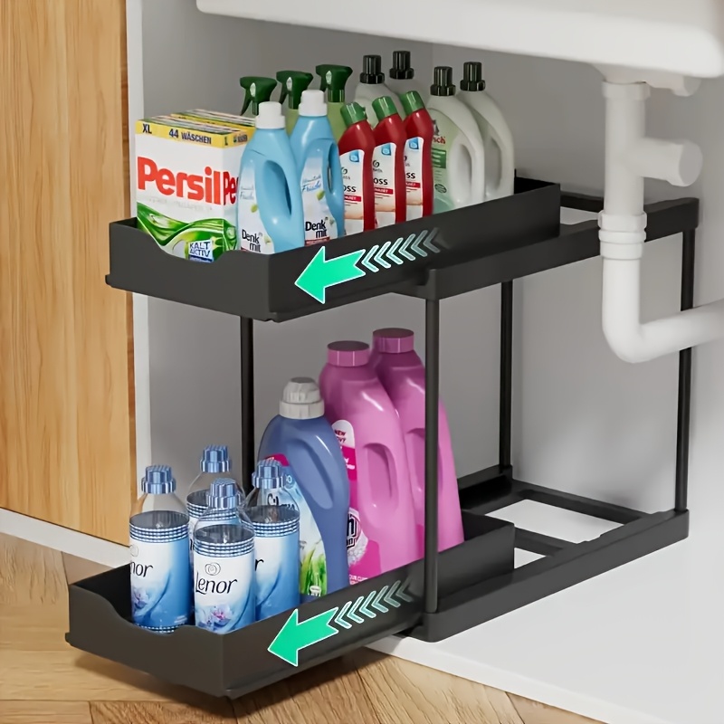2-tier Multi-functional Pull-out Sink Storage Rack, With Pull-out Shelves, Durable Plastic Space- Design, Under-sink Cabinet Organizer, Hanging Countertop Storage Rack, Easy Materials