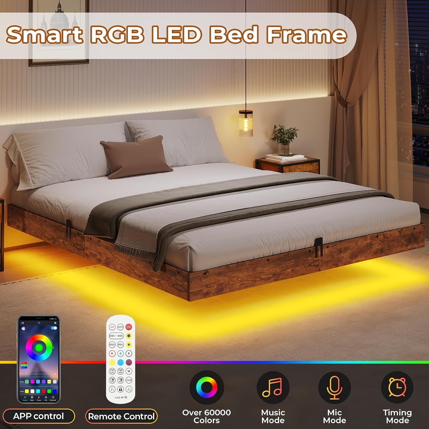 

Full Size Floating Bed Frame Metal Floating Platform Bed Frame With Rgb Led Lights For Bedroom, No Box Spring Needed,