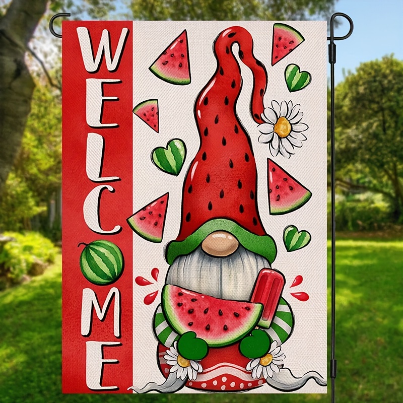 

1pc, Watermelon Gnome Welcome Garden Flag, Summer Seasonal Fruit Gnome Print Yard Flag, Double Sided Waterproof Burlap Flag, Home Decor, Outdoor Decor, Yard Decor, Garden Decorations 12*18inch