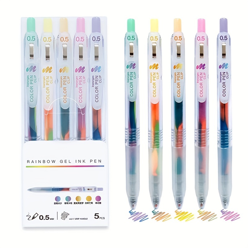 

5-pack Mixed Gradient Rainbow Gel Pens, 0.5mm Bullet Tip, Smooth Writing, Waterproof, Plastic, Office Supplies, Stationery For Students And Daily Notebook Writing