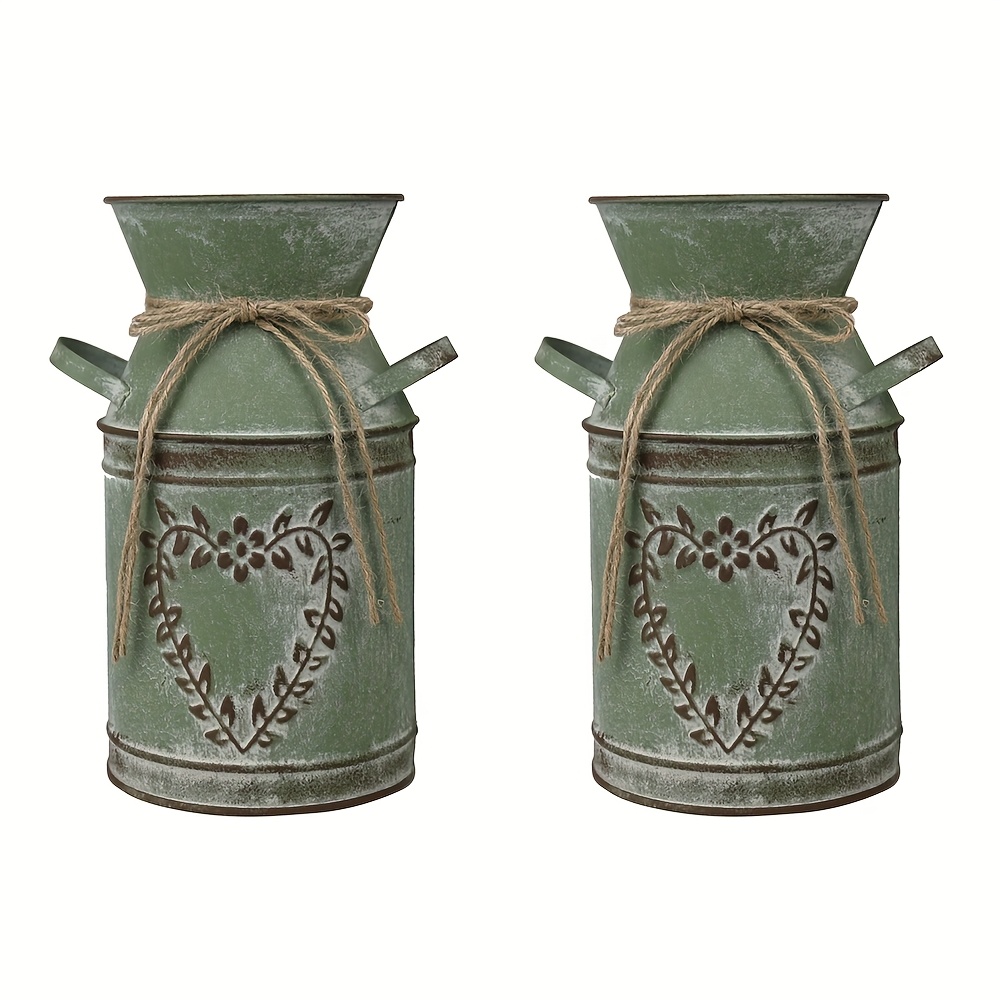 Image of 2pcs Shabby Chic Galvanized Metal Vases With Heart Cut-out Patterns - Rustic Farmhouse Decor, Durable Cast Iron Cylindrical Flower Pots For Home, Kitchen, Living Room, Table Centerpieces