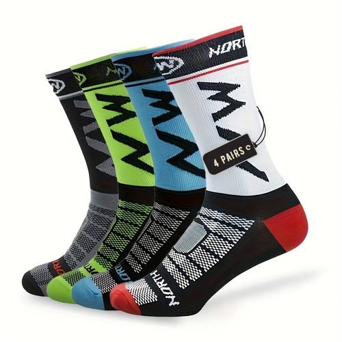 photo de l'article 4 paires de chaussettes de sport pour homme - respirantes, anti-transpiration et haute élasticité pour le cyclisme, et le fitness, avec géométriques et embouts contrastés de , équipement athlétique moderne