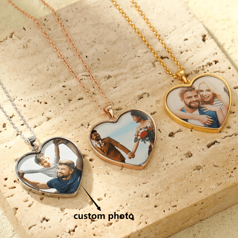 TEMU Custom Photo Heart Necklace For Women - Personalized Engraved Name Jewelry, Stainless Steel Cute Vintage Style Day Valentine's Birthday Gift For