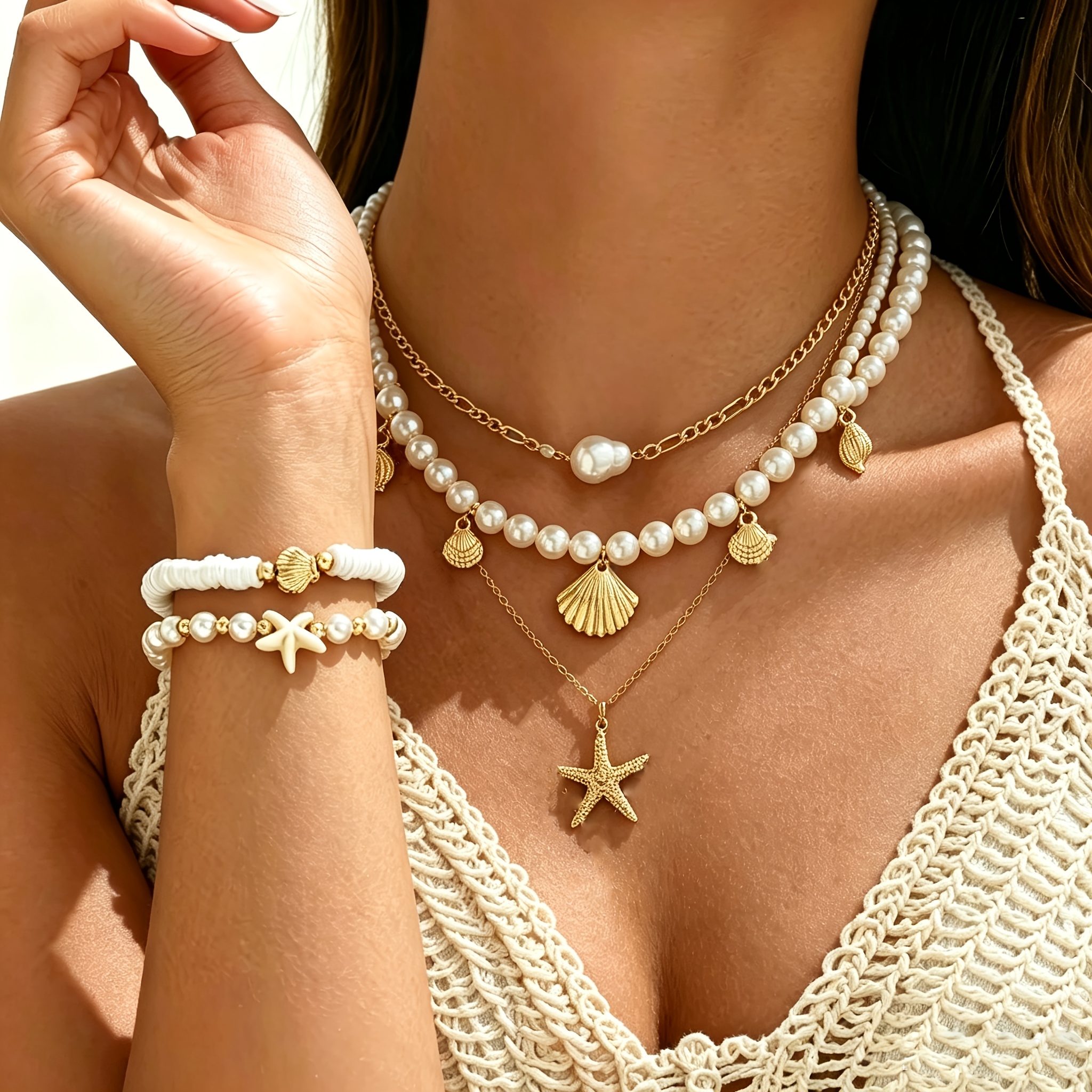 TEMU 5pcs Set (3 Necklaces + 2 Bracelets) For Women: Bohemian Metal Shell, Conch, And Starfish Pendant Necklaces With And Polymer Clay Stackable