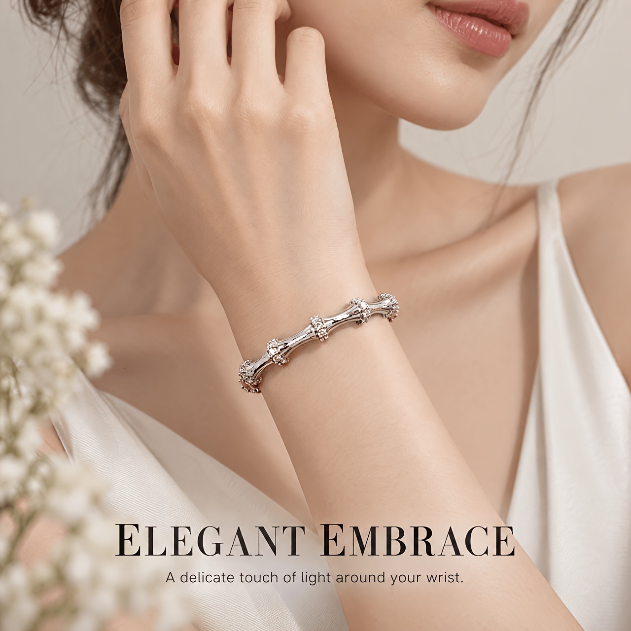 Women's Silvery Bamboo Bead Clasp Bracelet with Synthetic Zirconia