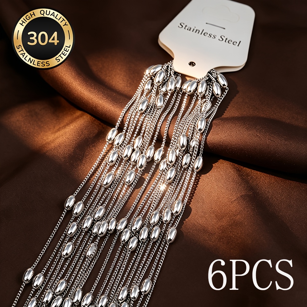 TEMU 6pcs High-quality Stainless Steel Adjustable Fashionable Side Bead Necklace, Anti-fading, Comfortable And Versatile, Easy And Elegant, Suitable