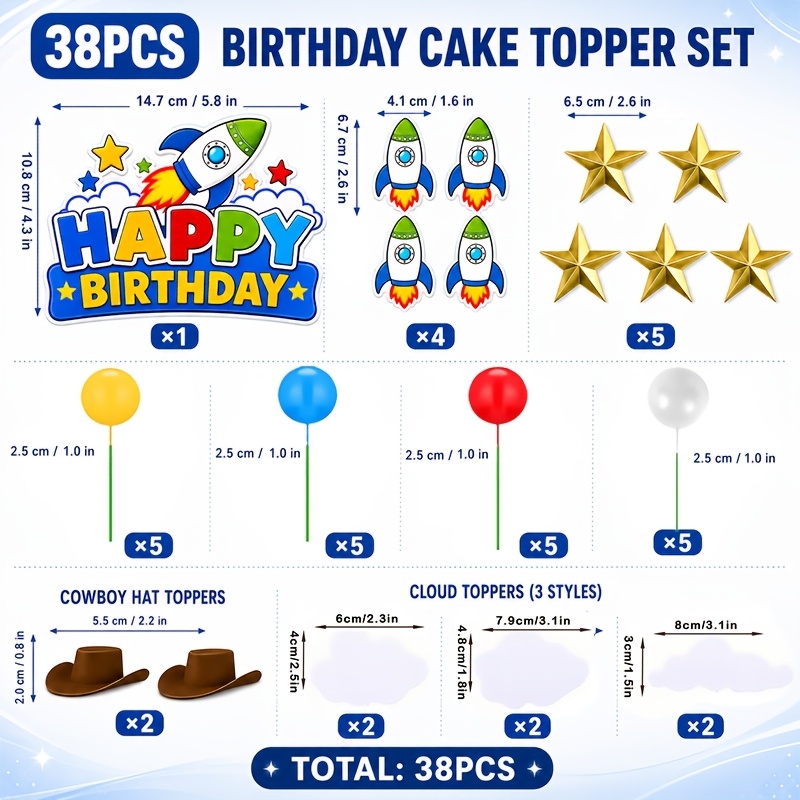 TEMU Set de toppers para pastel de , 38 piezas de decoraciones para pastel de vaquero espacial con estampado de vaca, cielo azul, blancas, y toppers