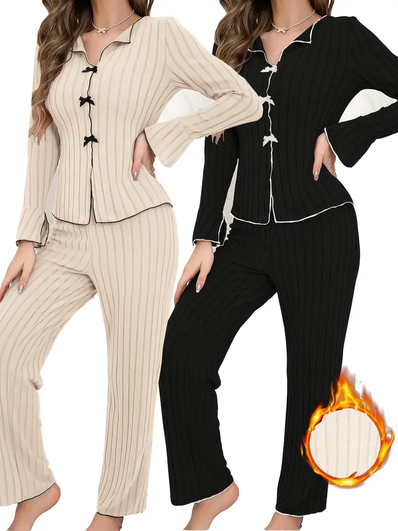 2 sets chic solid color ribbed lounge set with bow detail v neck long sleeve top pants machine washable womens size clothing set for cozy loungewear relaxation Product details 0