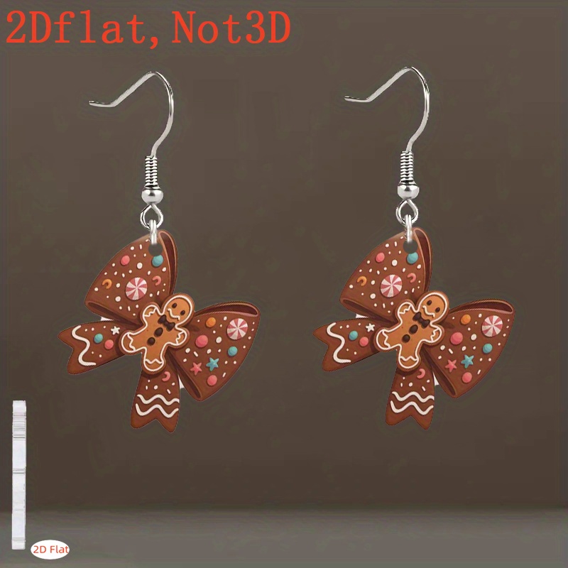 TEMU 2d Flat, 2d Women's Gingerbread Earrings - Adorable Cookie Charm Dangle Earrings Featuring Frosting And , Bow Acrylic Gingerbread For A For