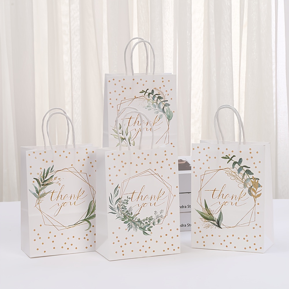 

12 Pcs Elegant Thank You Gift Bags Set - Golden Foil Polka Dot & Greenery Design Paper Tote Bags For Wedding, Birthday, Party Favors, Shopping, Decorative Bags With Handles