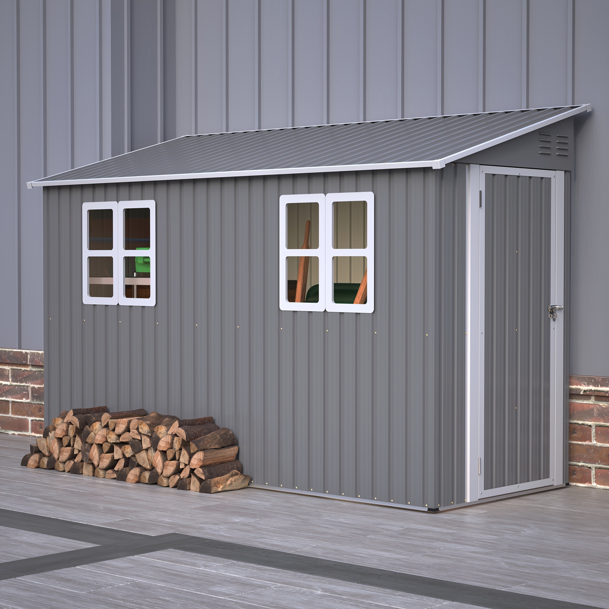 E-shop 10 x 4FT Werkzeughaus für den Außenbereich, Gartenhaus, Metall Werkzeuglager mit Fenstern, abschließbarer Tür und Metallbodenrahmen, für Garten,