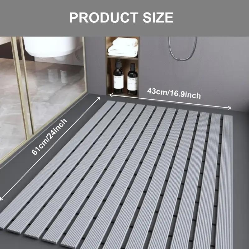 non slip shower mat with suction cups and drainage holes quick dry hard cut to any size 17 x24 43x60cm suitable for wet and slippery floors in showers and bathtubs durable white and gray easy to clean bathroom mat shower mats for bathrooms bathtub safety modern bathroom decor surface nonslip backing striped pattern durable pvc conscious buyers Product details 1