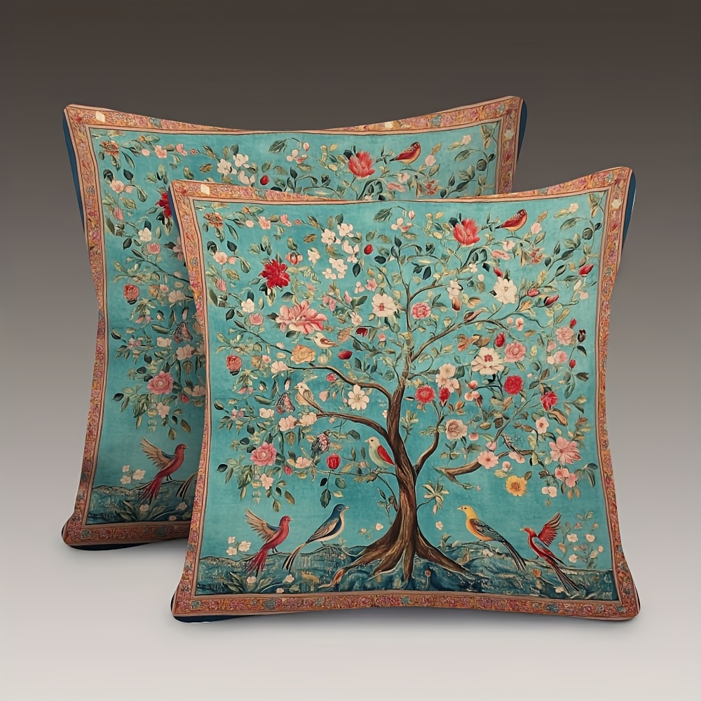 TEMU 2pcs 18x18 Inch Chinoiserie Throw Pillow Covers - Two-sided Super Soft Short Plush, Turquoise Of Birds & , Zipper Closure, Machine Washable For