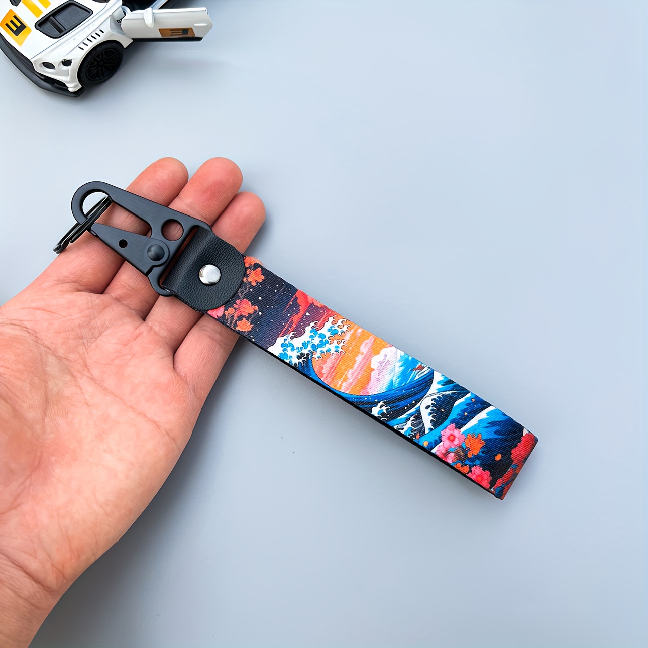 Image of Jdm Style Keychain Car Motorcycle Accessories - Wave & Hokkaido Keychain, Nylon Thermal Transfer Wrist Lanyard Backpack Hook, Unisex Modified Viral For Car Enthusiasts
