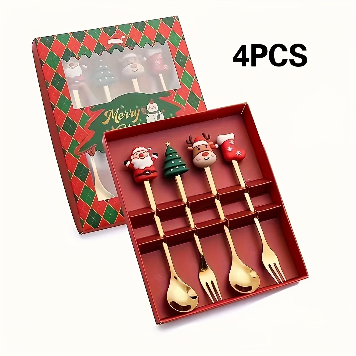 4pcs/6pcs Christmas Party Tableware Gift Stainless Steel Spoon Cutlery Set Cute Cartoon Doll Ice Spoon Christmas Gift