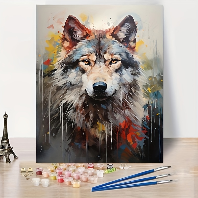 

1pc Colorful Gray Wolf Portrait Ornamental Painting Adult Beginner Frameless Diy Digital Painting, Digital Easy Acrylic Watercolor Painting, Gift Decoration 16x20 Inches