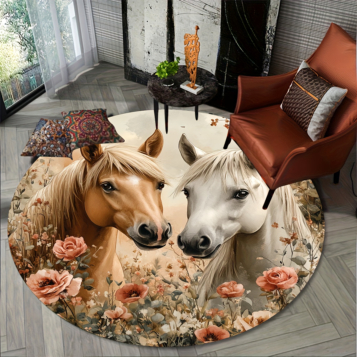 E-shop Eine runde Matte mit einem Wildpferde-Design, rutschfest und leicht zu reinigen, geeignet für Wohnzimmer, Schlafzimmer, Küchen, Büros und