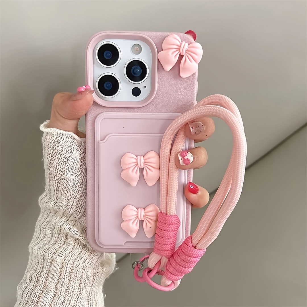 TEMU Phone Case: 3d Bowknot Card Holder With Lanyard: Lychee Texture Half-lens Cover. Suitable For Iphone 14 Pro Case, Iphone 13 Protective Cover,