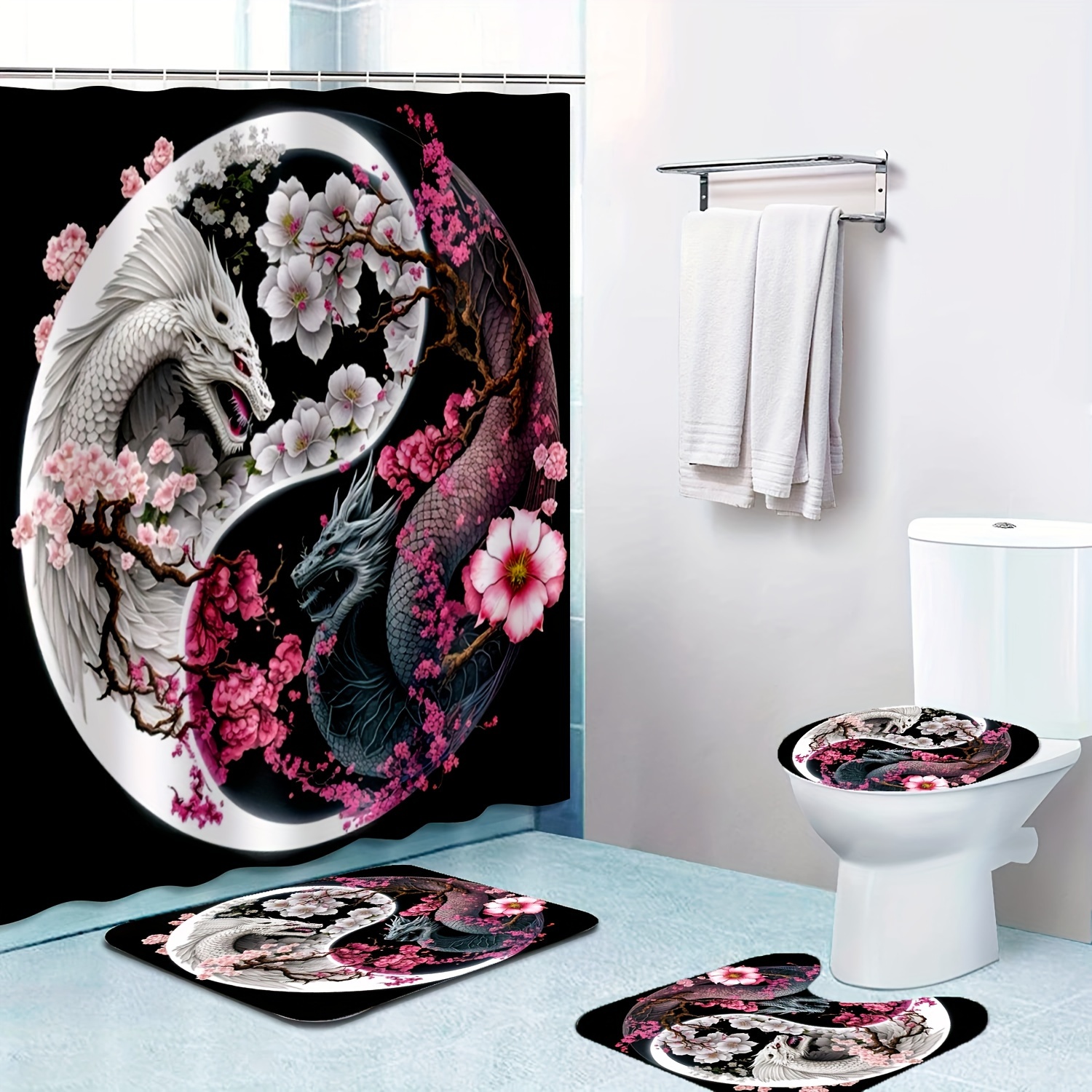 

1/4pcs Floral Dragons Print Shower Curtain Set, Shower Curtain With 12 Hooks, Non-slip Bathroom Rug, Toilet U-shape Mat, Toilet Lid Cover Pad, Bathroom Decor, Shower Curtain Sets For Bathrooms