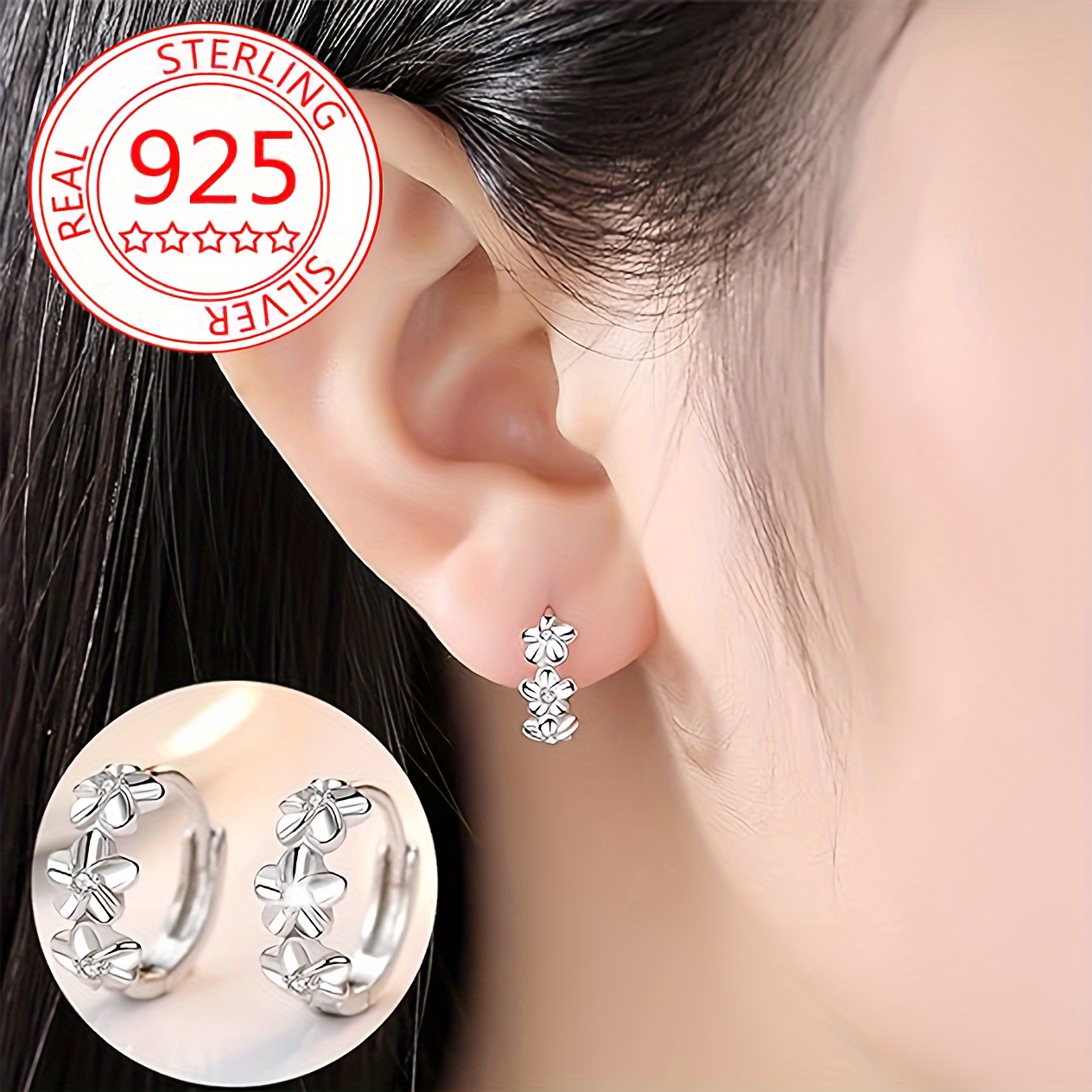 

S925 Sterling Silver Hoop Earrings, Sweet Flower Decor Hoop Earrings Elegant Minimalist Style Dating Jewelry Gifts For Women 3g/0.11oz