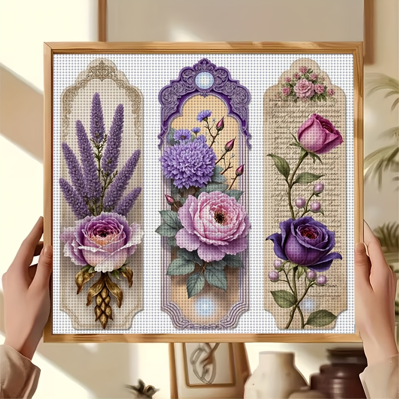 Cross-Stitch Printing Kit, Three Purple and Pink Floral Decorations