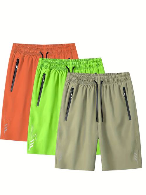 3pcs set mens lightweight quick dry running shorts summer casual athletic loose fit black with white accents elastic waistband zipper pockets polyester elastane blend plus size shorts
