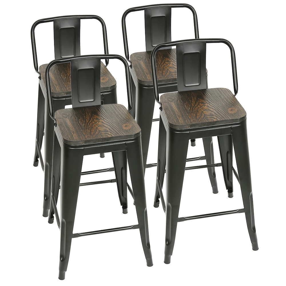 Bar Stool z odstranljivim hrbtom in lesenim sedežem - Kuhinjski stol z metalno okvirjo za domač bar, zgodnji obrok ali restavracijo - Modern