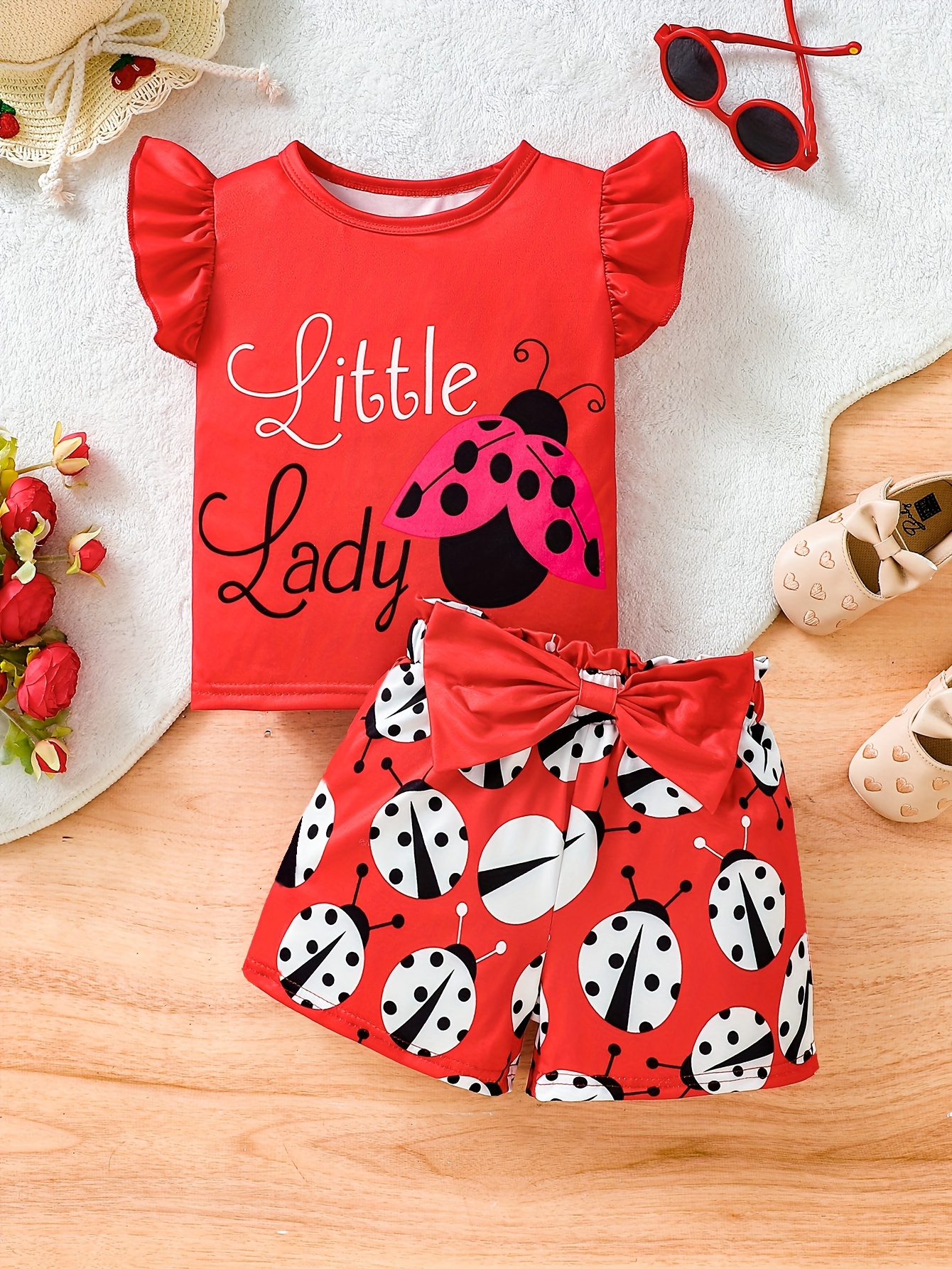 2-piece Toddler Girl Bell sleeves Red Top and Belted Watermelon Print Shorts Set