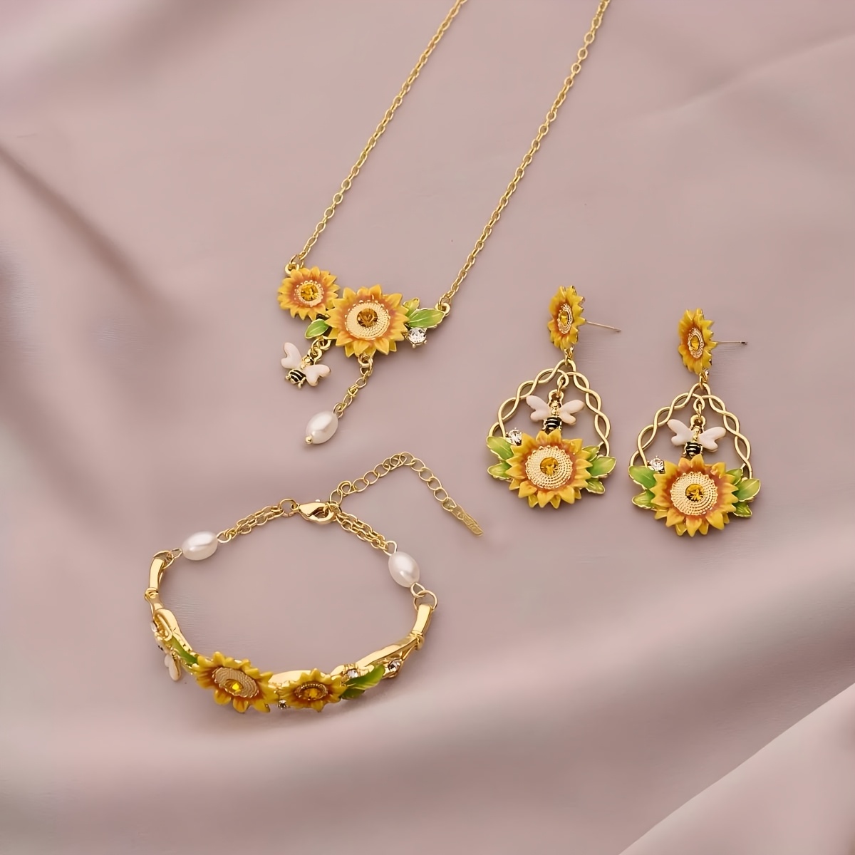 TEMU Elegant Sunflower Jewelry Collection For Women Featuring A French Country Style, Including A Necklace, Earrings, Bracelet, And Ring With