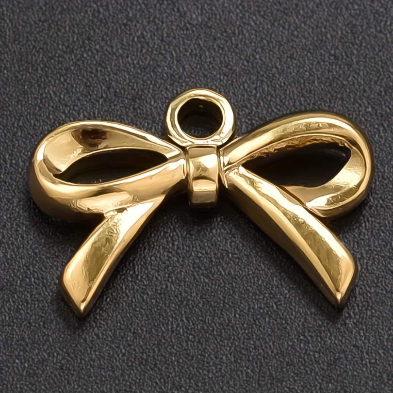 Image of 5pcs Set Of High-end Niche Vintage-style 304 Stainless Steel Golden And Silvery Bow-shaped Pendant Charms, Suitable For Handmade Making, Necklace And Bracelet Accessories