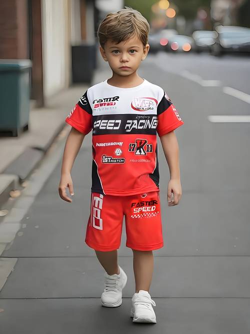 2pcs boys motorcycle style racing outfit red print short sleeve t shirt and shorts set summer outdoor activities ideal gift great for school and parties casual racing attire top stretchy for outdoor